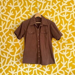 Vintage 90s Men's Button Down Short Sleeve Brown Cotton Shirt - S/M